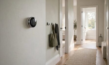 Smart thermostat mounted on a hallway wall in a modern UK home