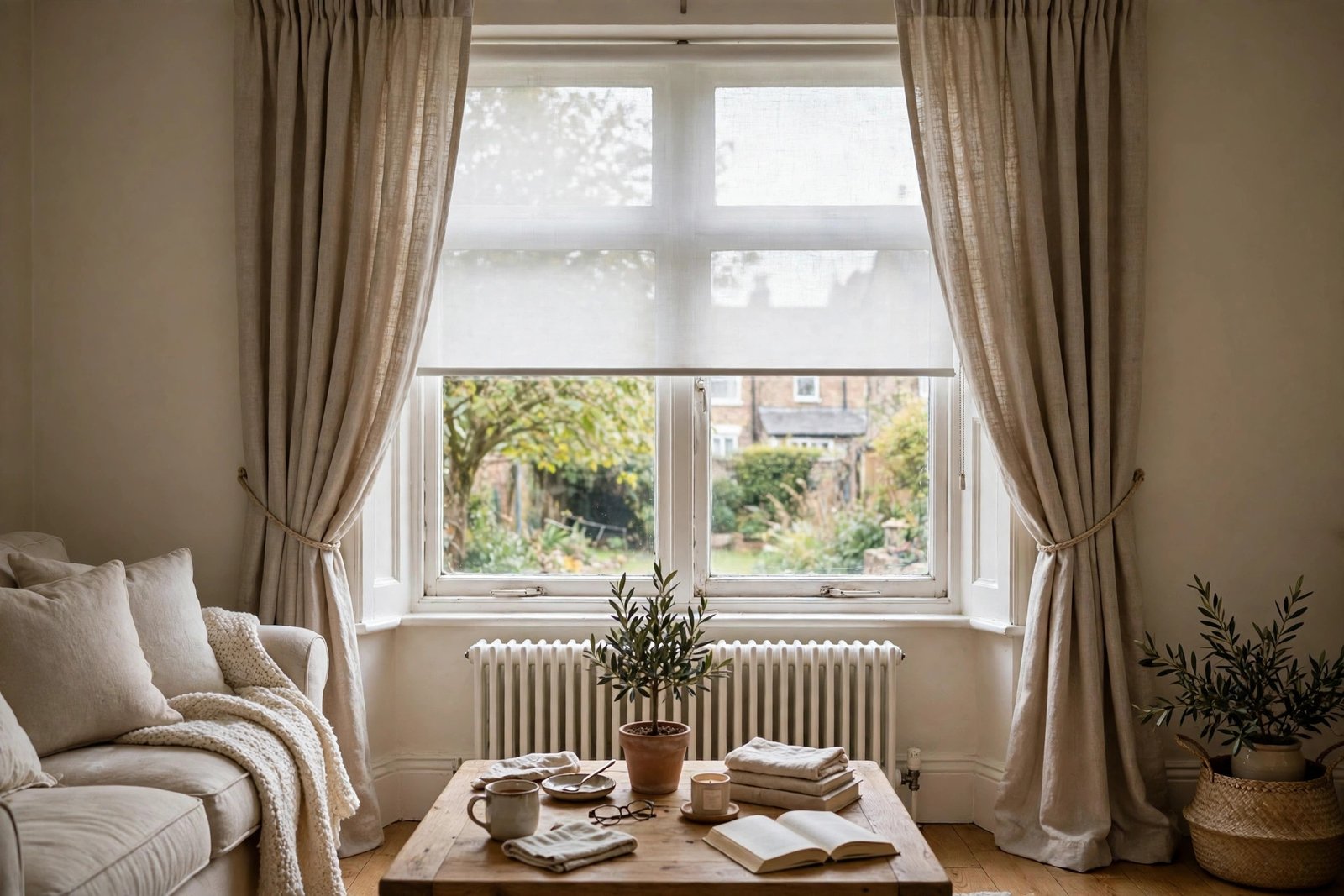 Living room window with layered blinds and curtains together