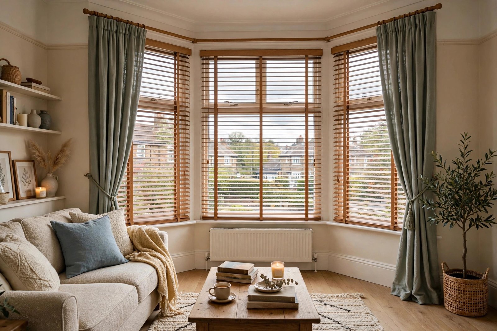 Bay window with Venetian blinds paired with full-length curtains