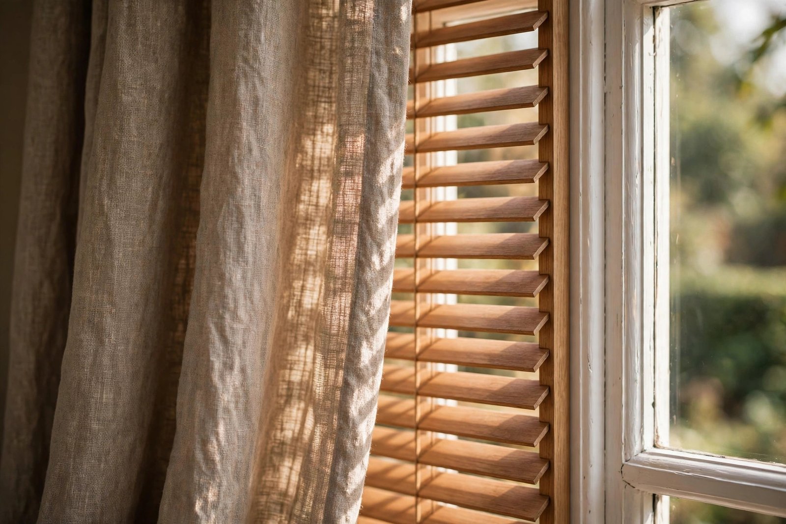 Close-up of curtain fabric paired with slatted blinds on a window