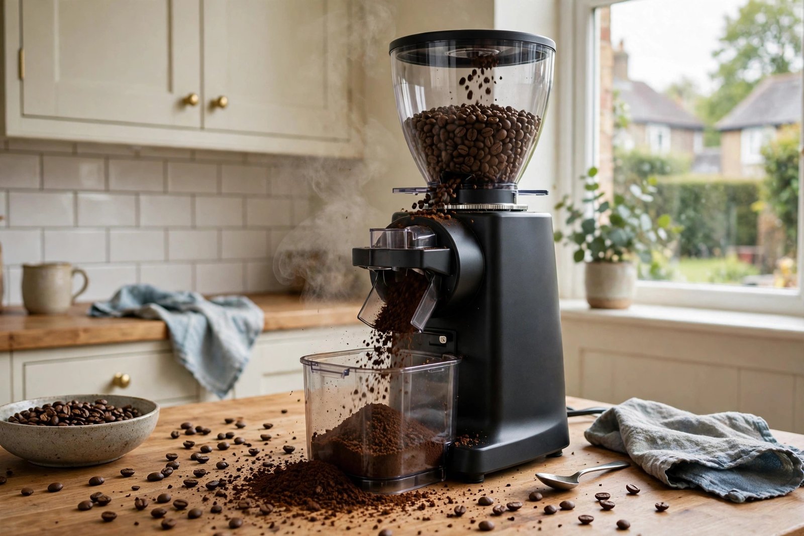 Burr coffee grinder grinding fresh coffee beans on a kitchen counter