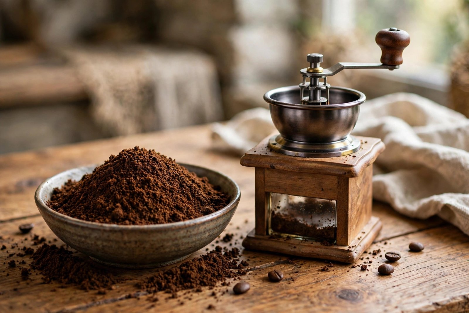 Freshly ground coffee beans in a bowl next to a manual hand coffee grinder