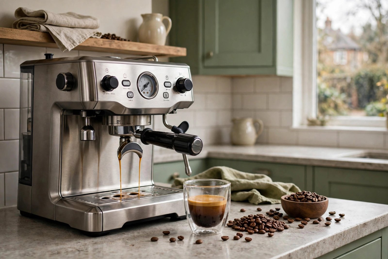 Home espresso machine pouring a double shot into a small glass cup