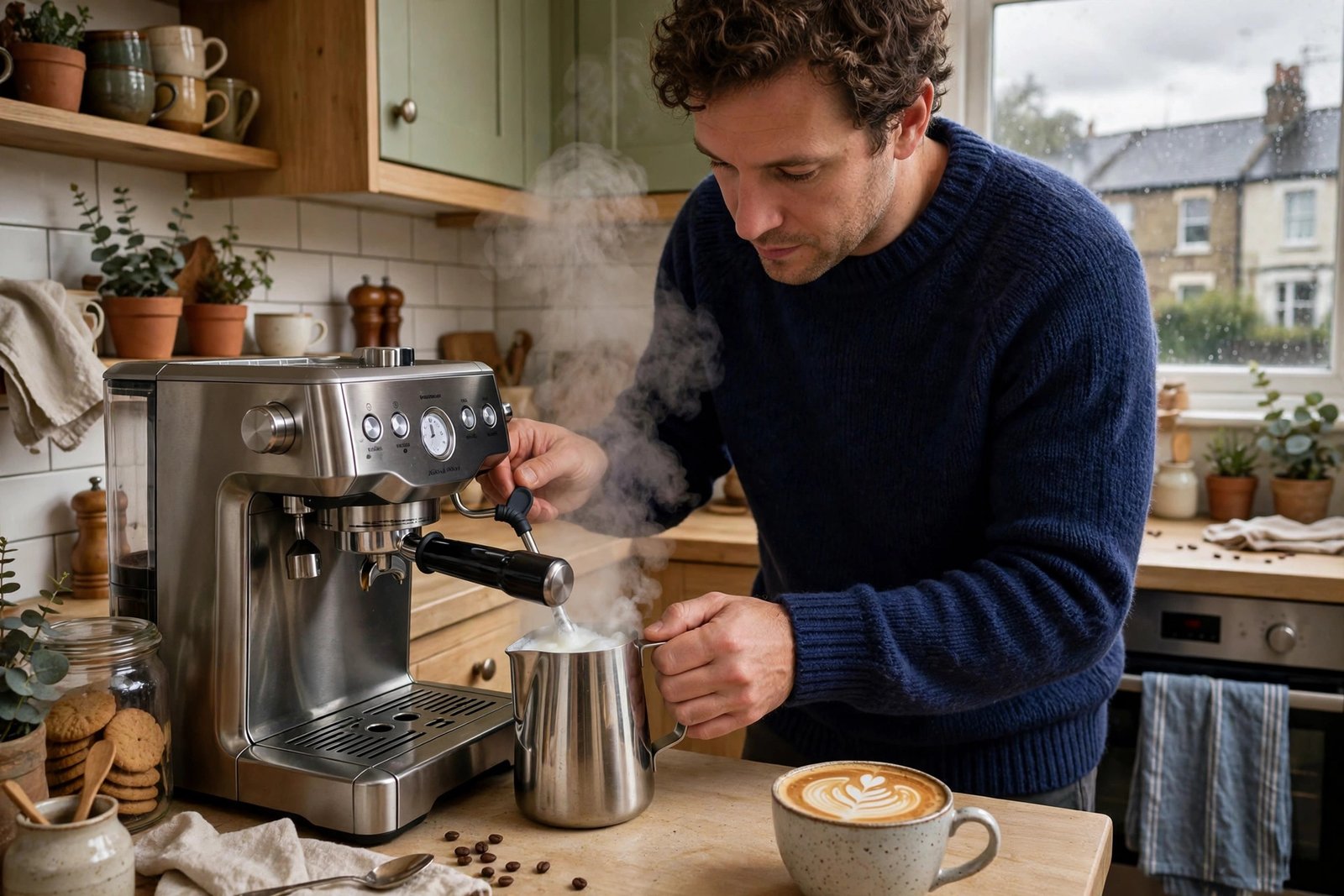 Person frothing milk with a steam wand on a home espresso machine