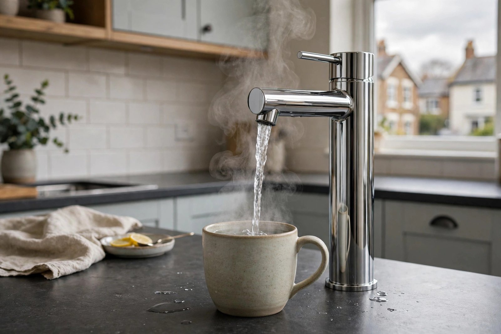 Modern instant hot water tap dispensing steaming water into a mug