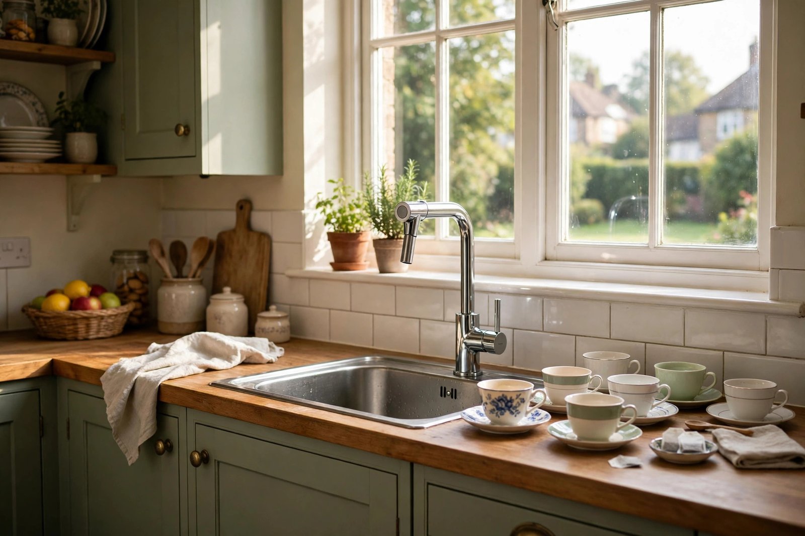 Family kitchen with a hot water dispenser tap at the sink and tea cups ready