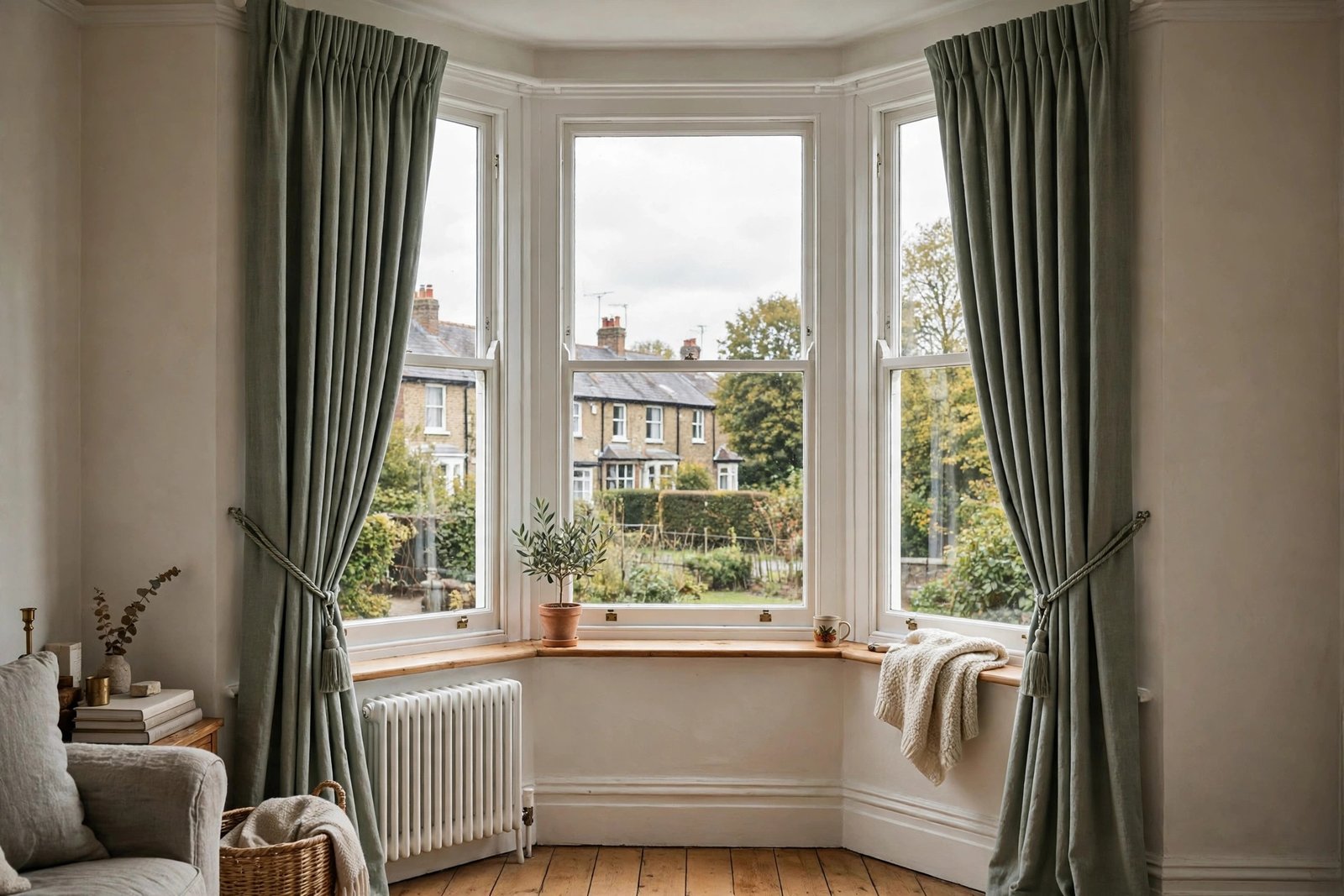 Bay window dressed with full-length curtains and tiebacks
