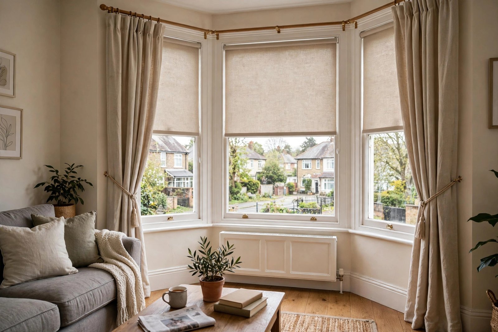 Living room bay window with curtains and matching blinds