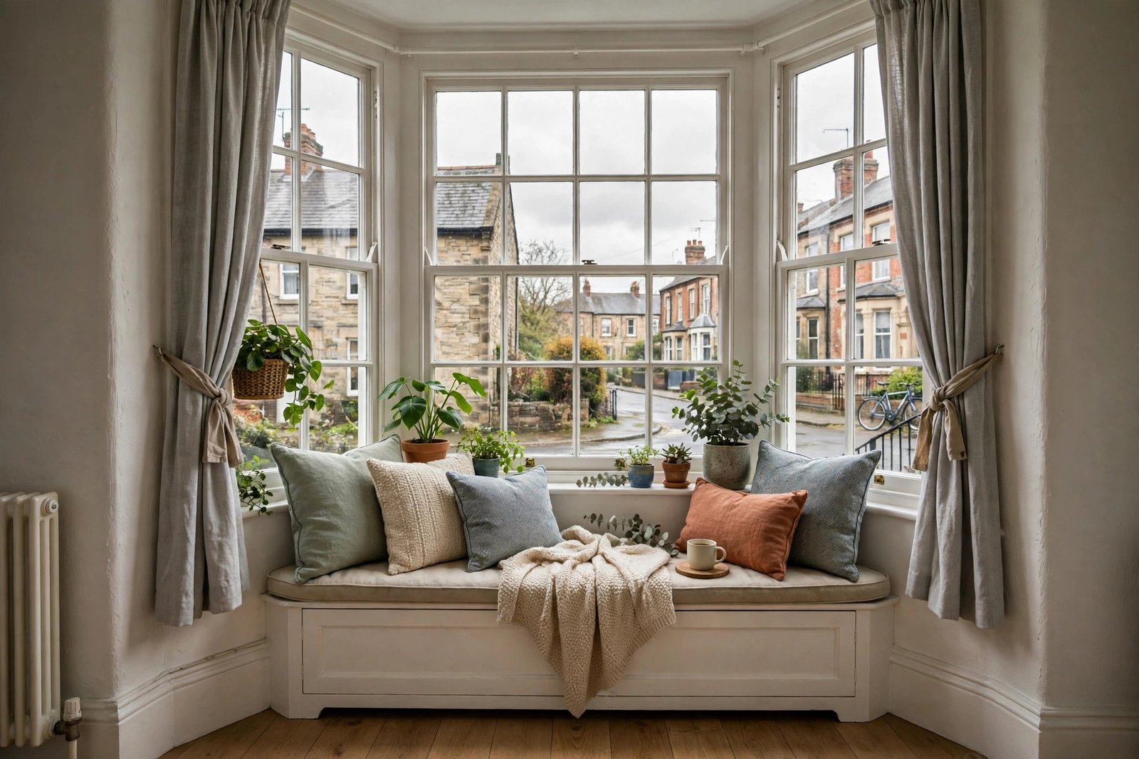 Bay window seat with curtains, cushions and plants