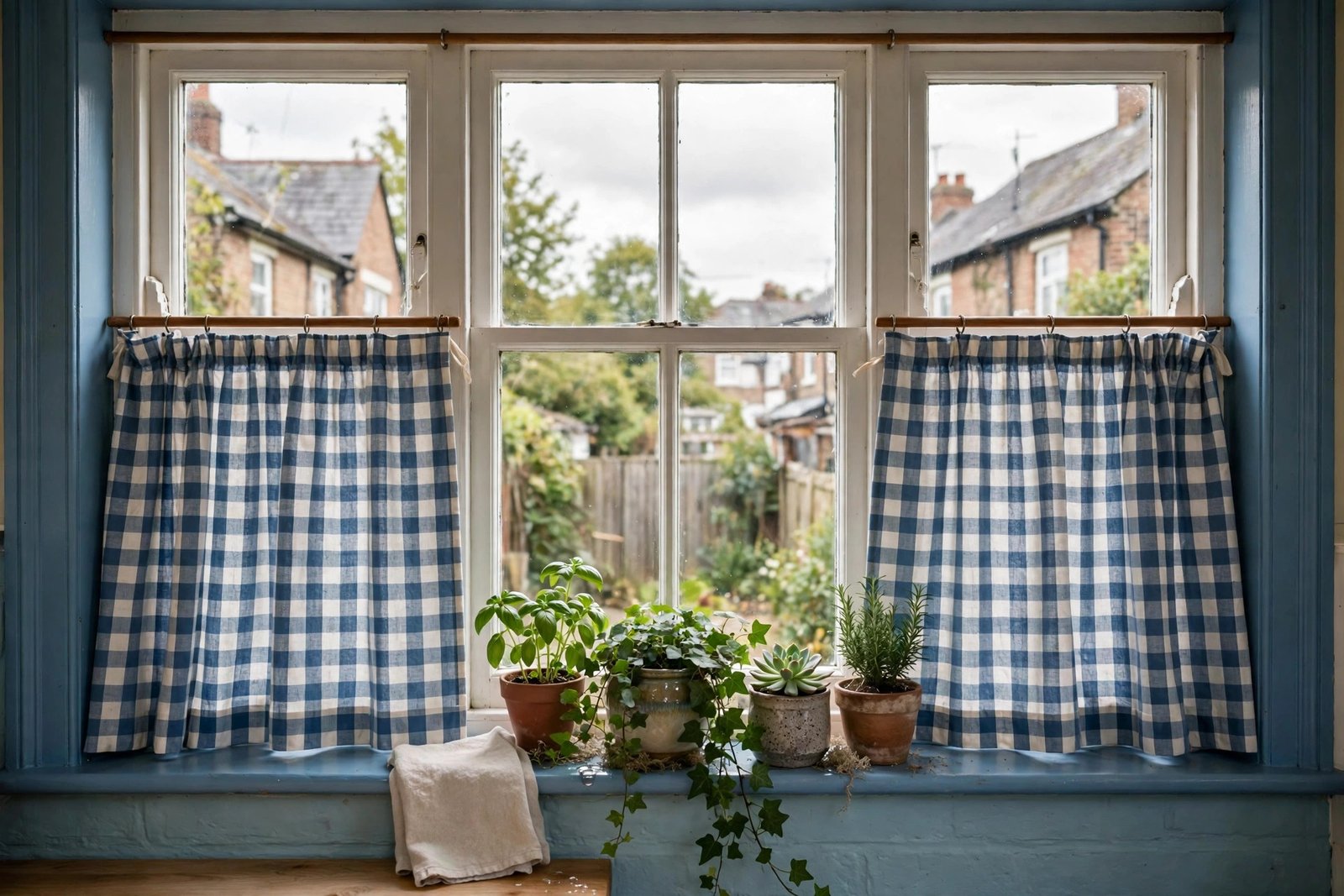 UK kitchen window with cafe curtains and plants on the sill