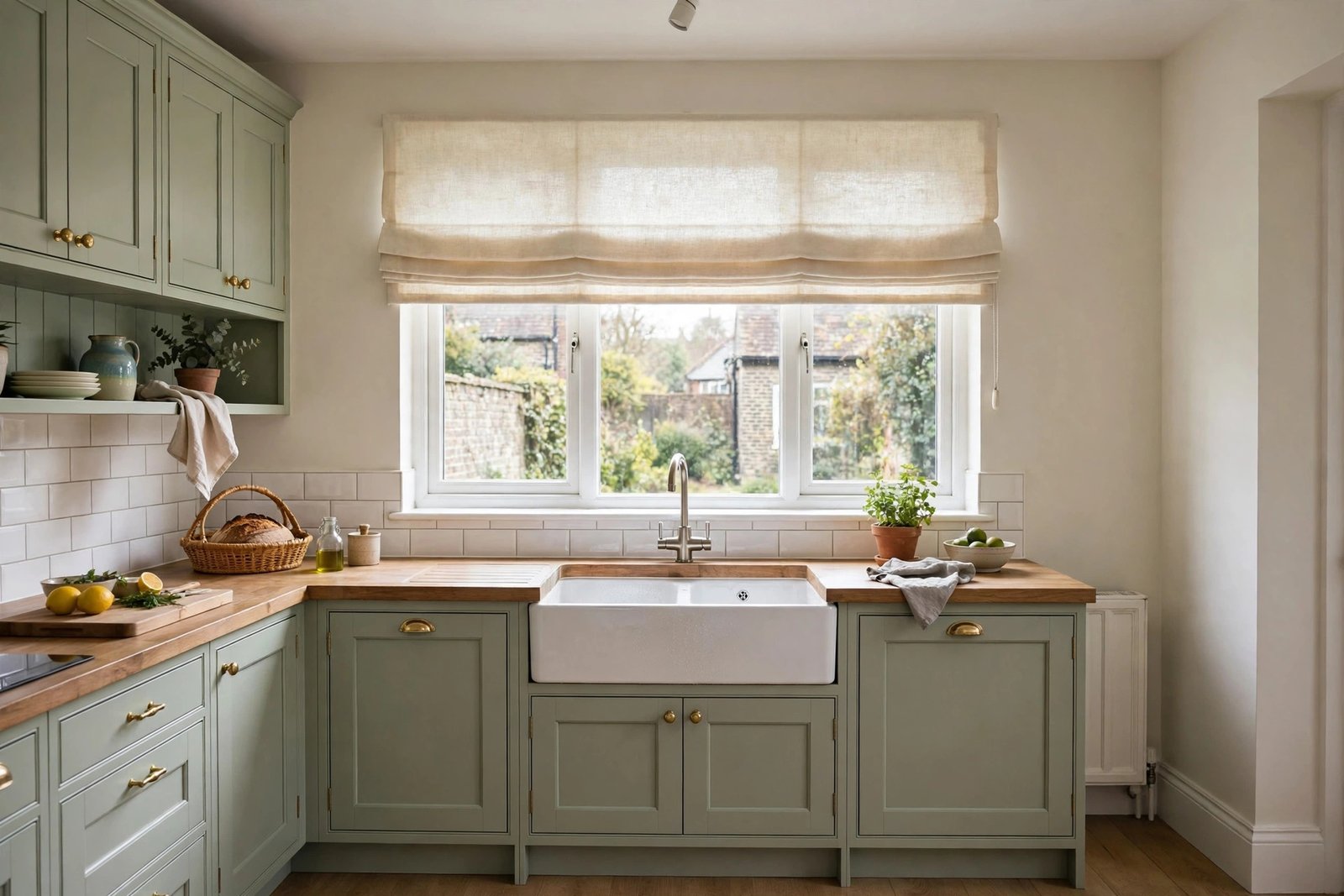 Bright kitchen with Roman blind above the sink window