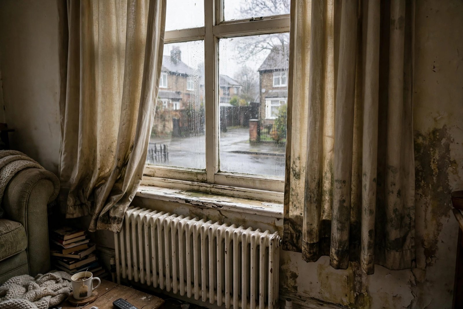 Damp-affected musty curtains in a UK living room window