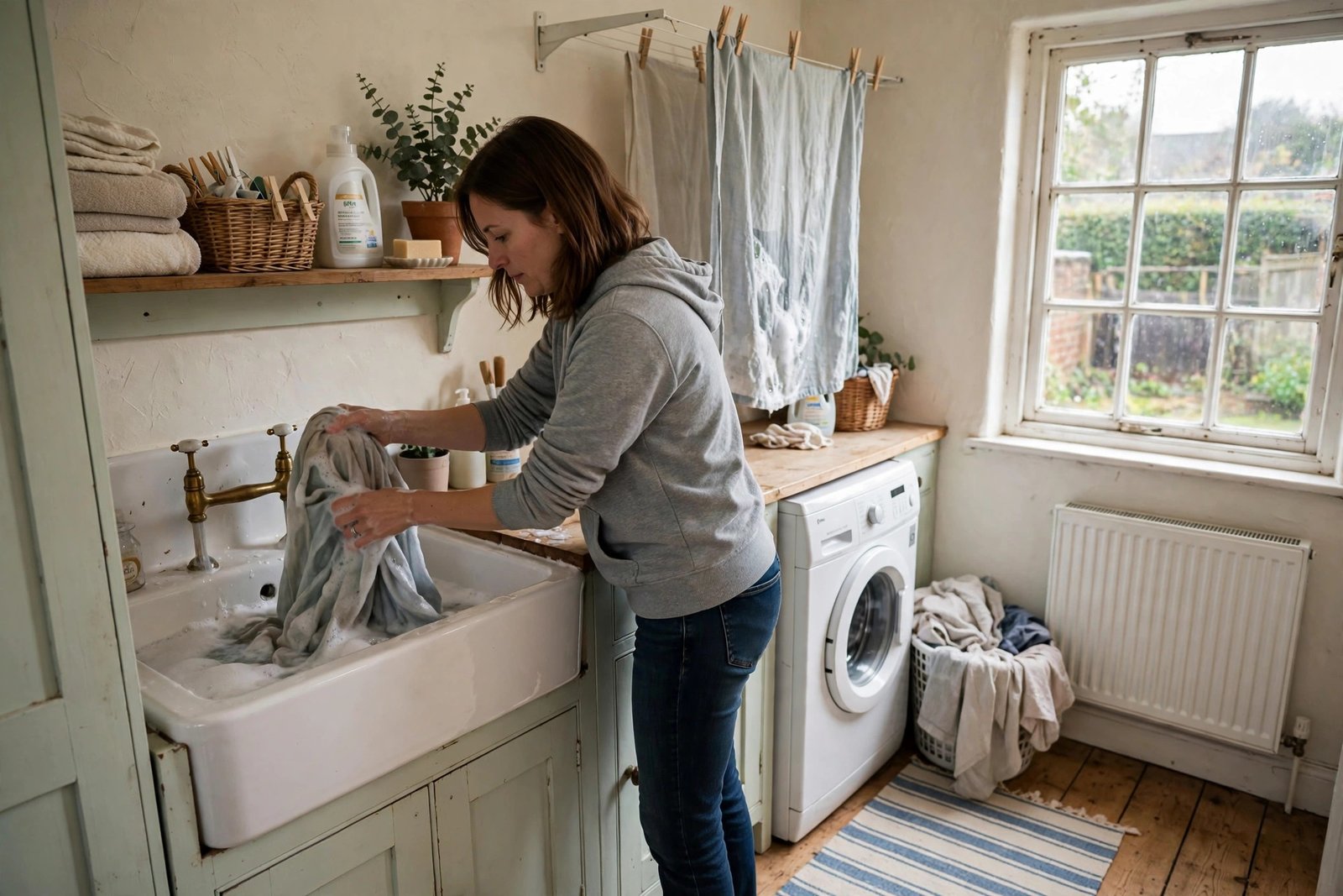 Washing curtains in a UK home laundry area