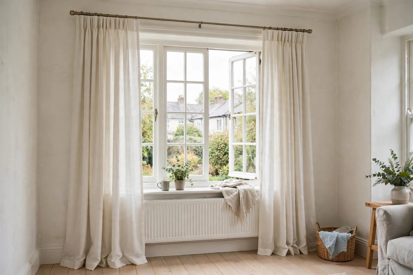 Fresh clean curtains hanging in a bright ventilated room