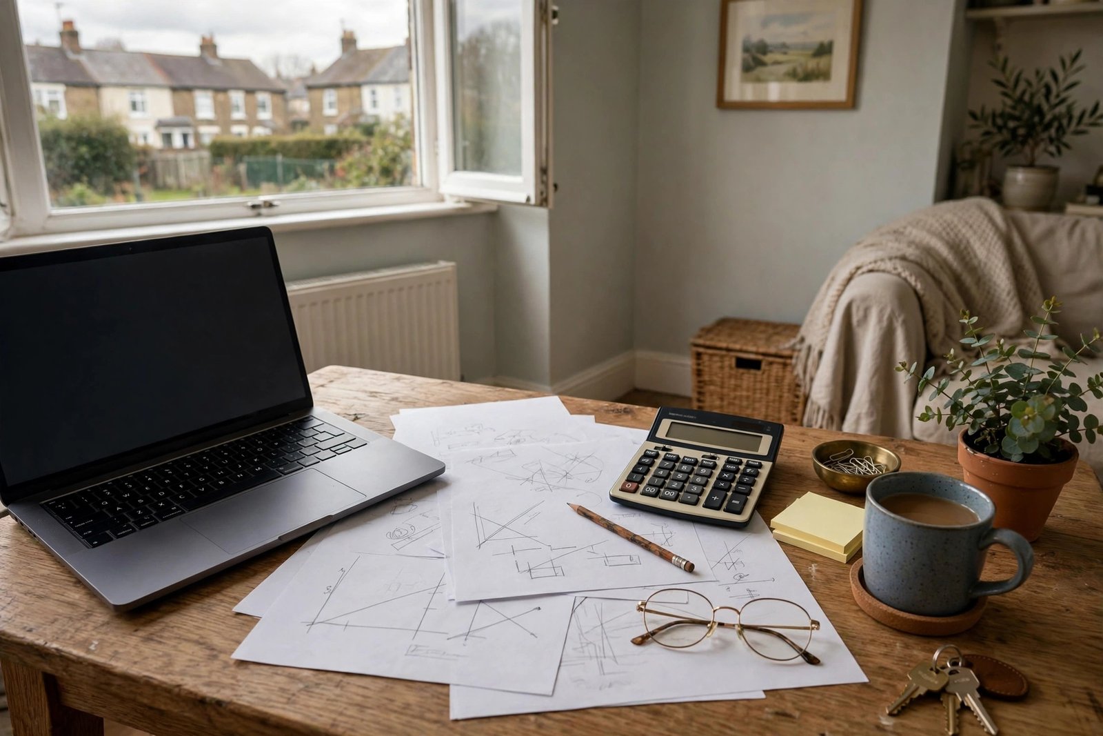 Home office desk with laptop, paperwork and calculator