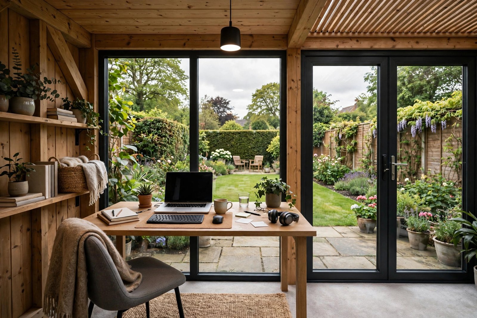 Garden office room with desk setup in a UK garden