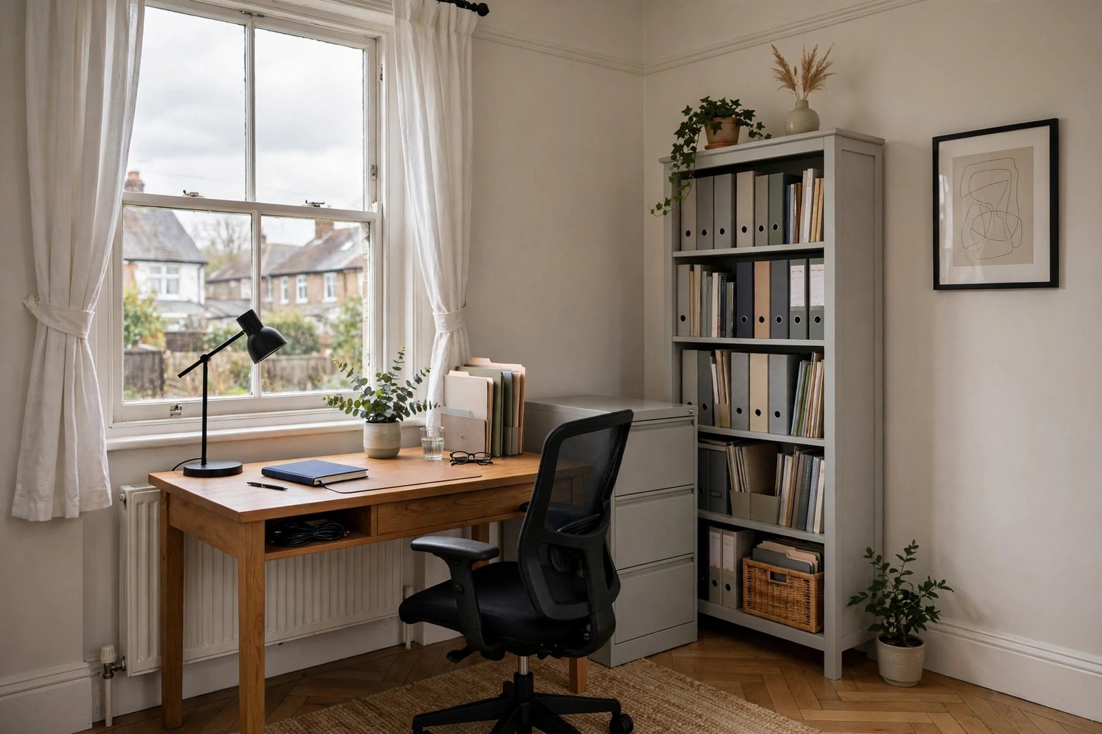 Tidy home study with filing, desk and office chair