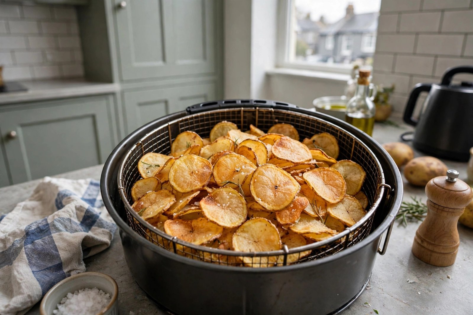 Golden homemade chips in an air fryer basket