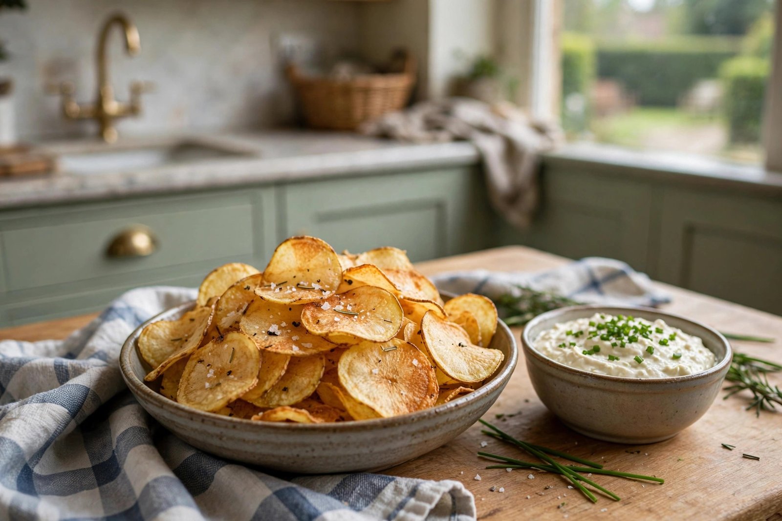 Bowl of crispy homemade chips with dip on a kitchen counter