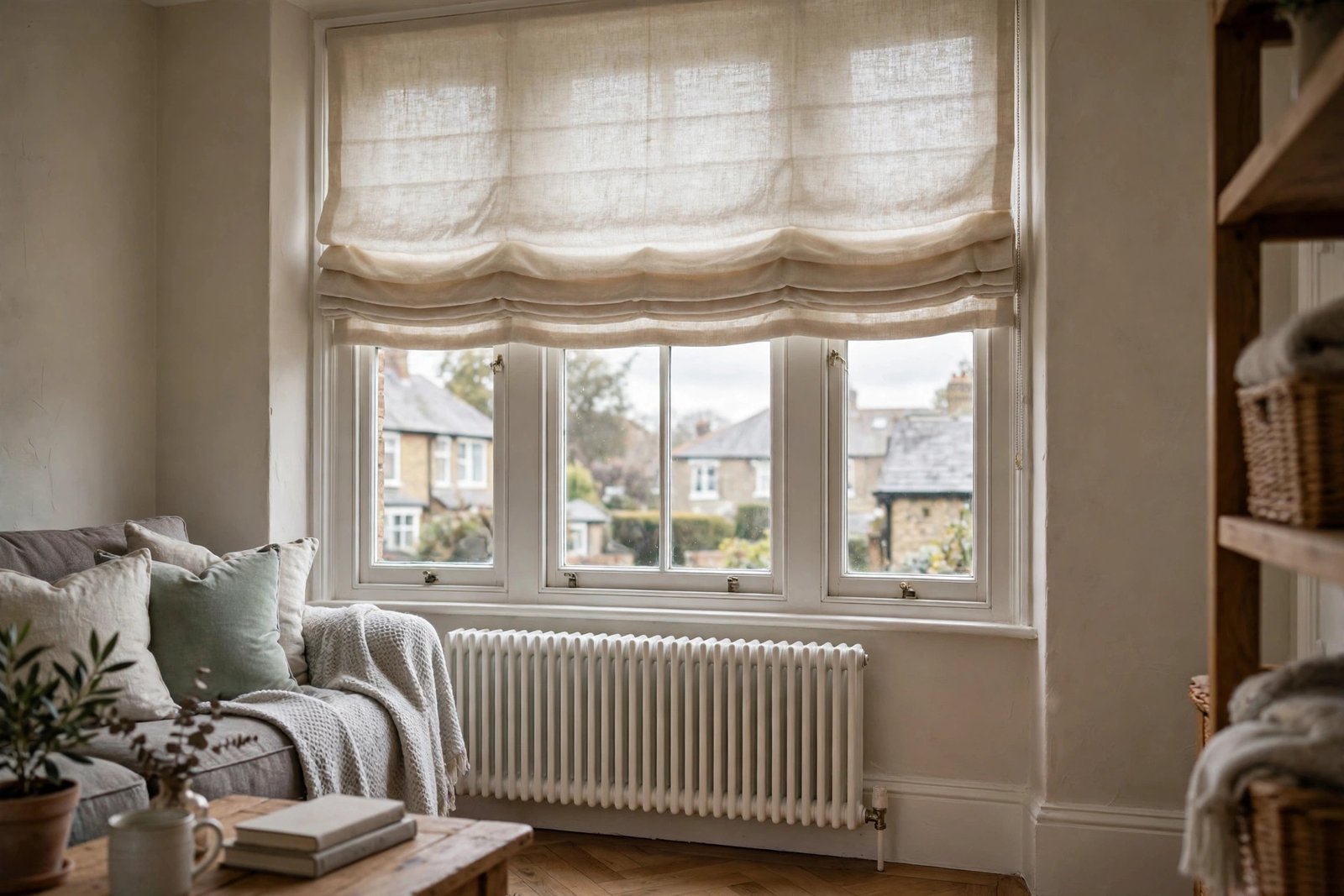 Roman blinds with soft folds on a living room window
