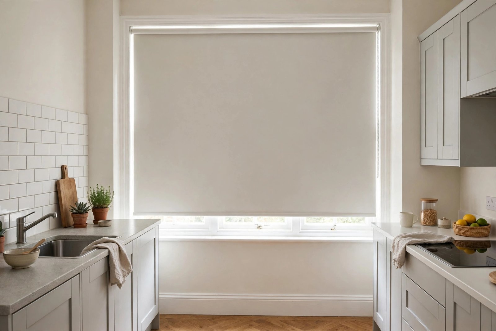Plain roller blind on a bright kitchen window