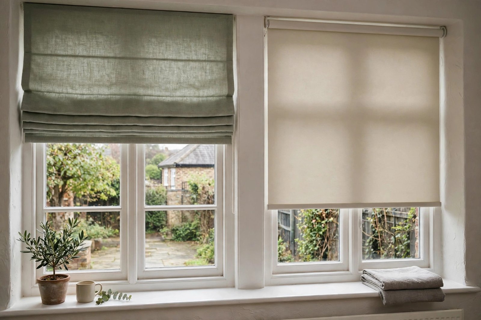 Two adjacent windows comparing a Roman blind and a roller blind