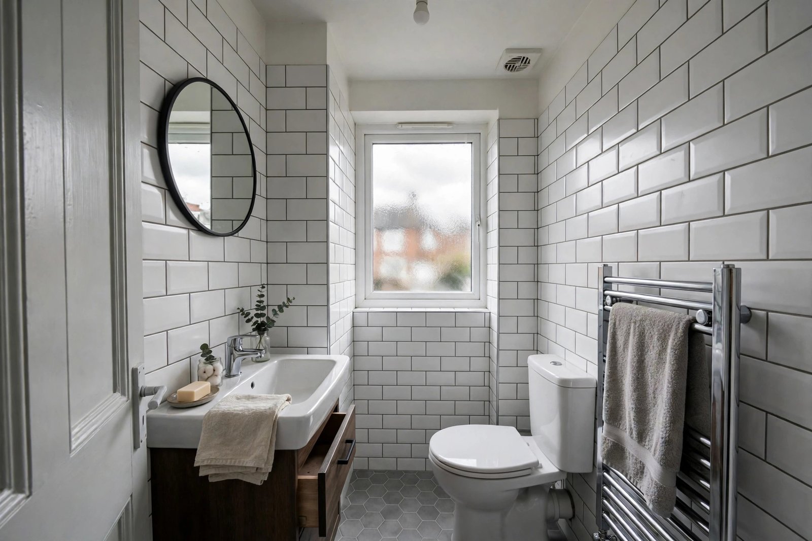 Small bathroom with freshly tiled walls