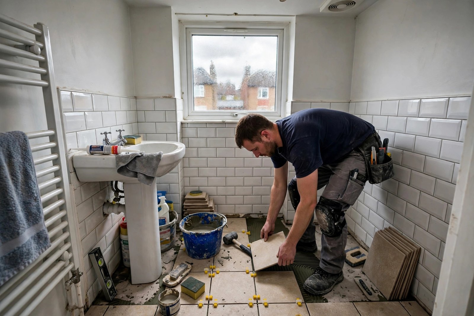 Tiler laying floor tiles in a compact bathroom