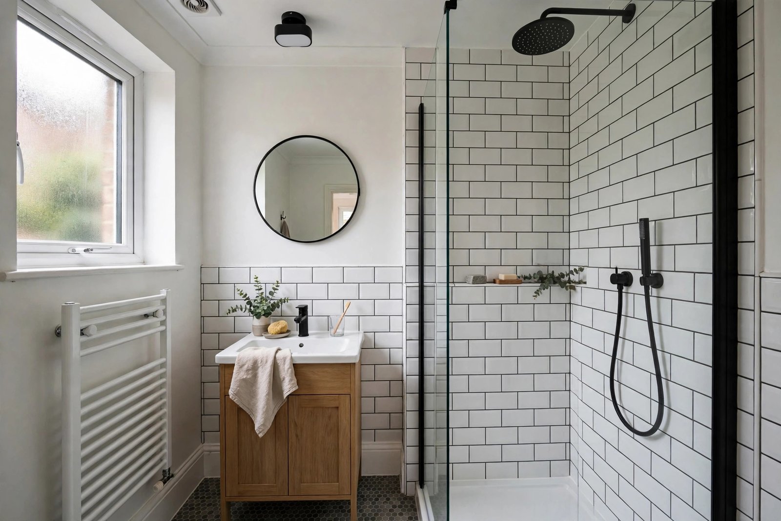 Finished small bathroom with metro wall tiles and a shower