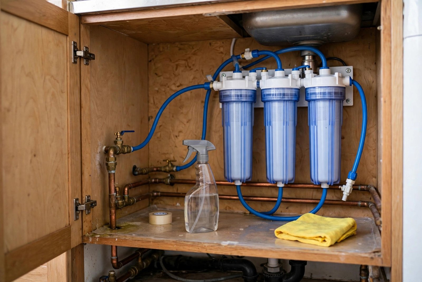 Under-sink water filter system in a kitchen cupboard