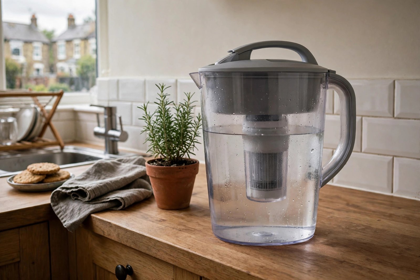 Filtered water jug on a kitchen counter