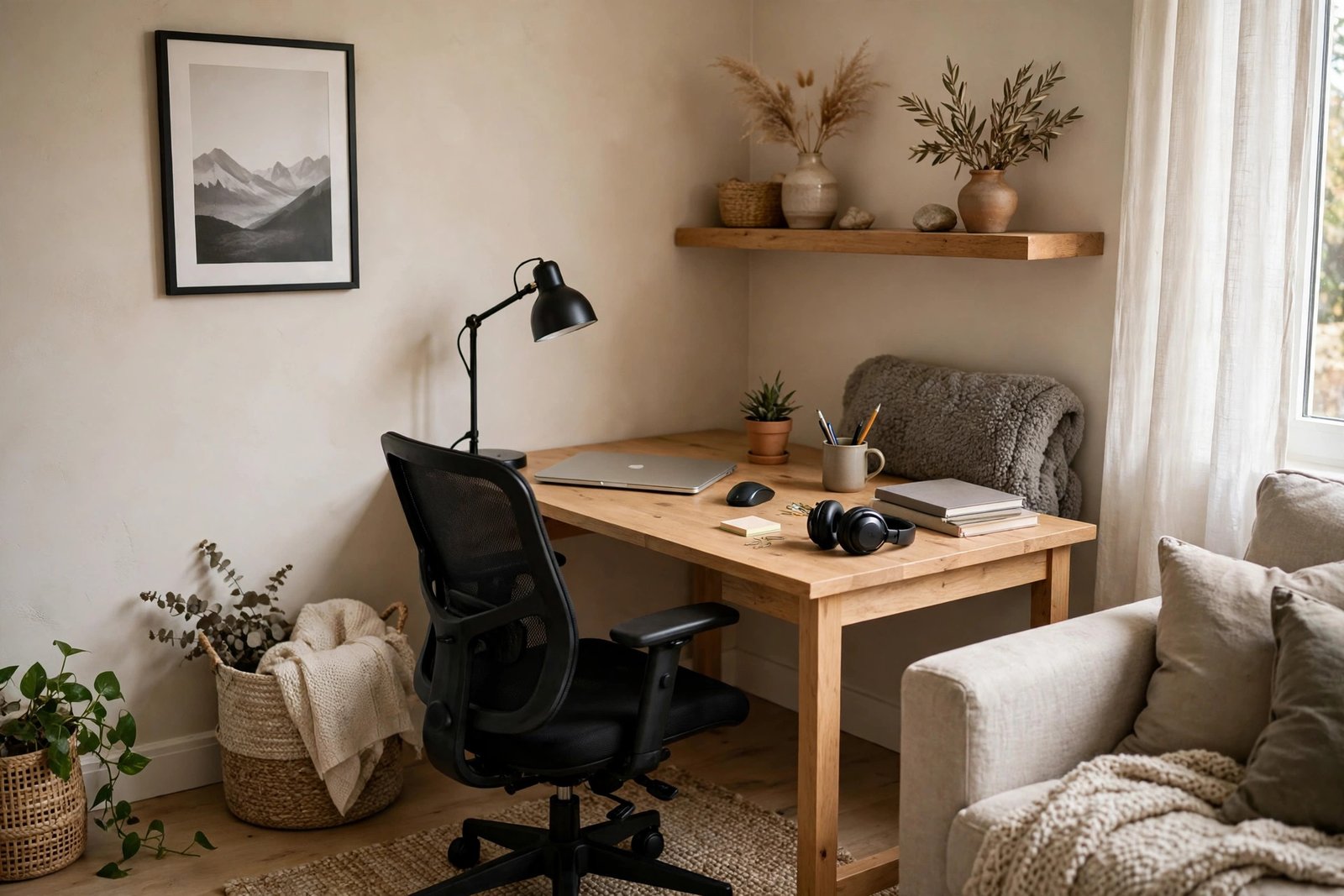 Compact home office setup in a living room corner