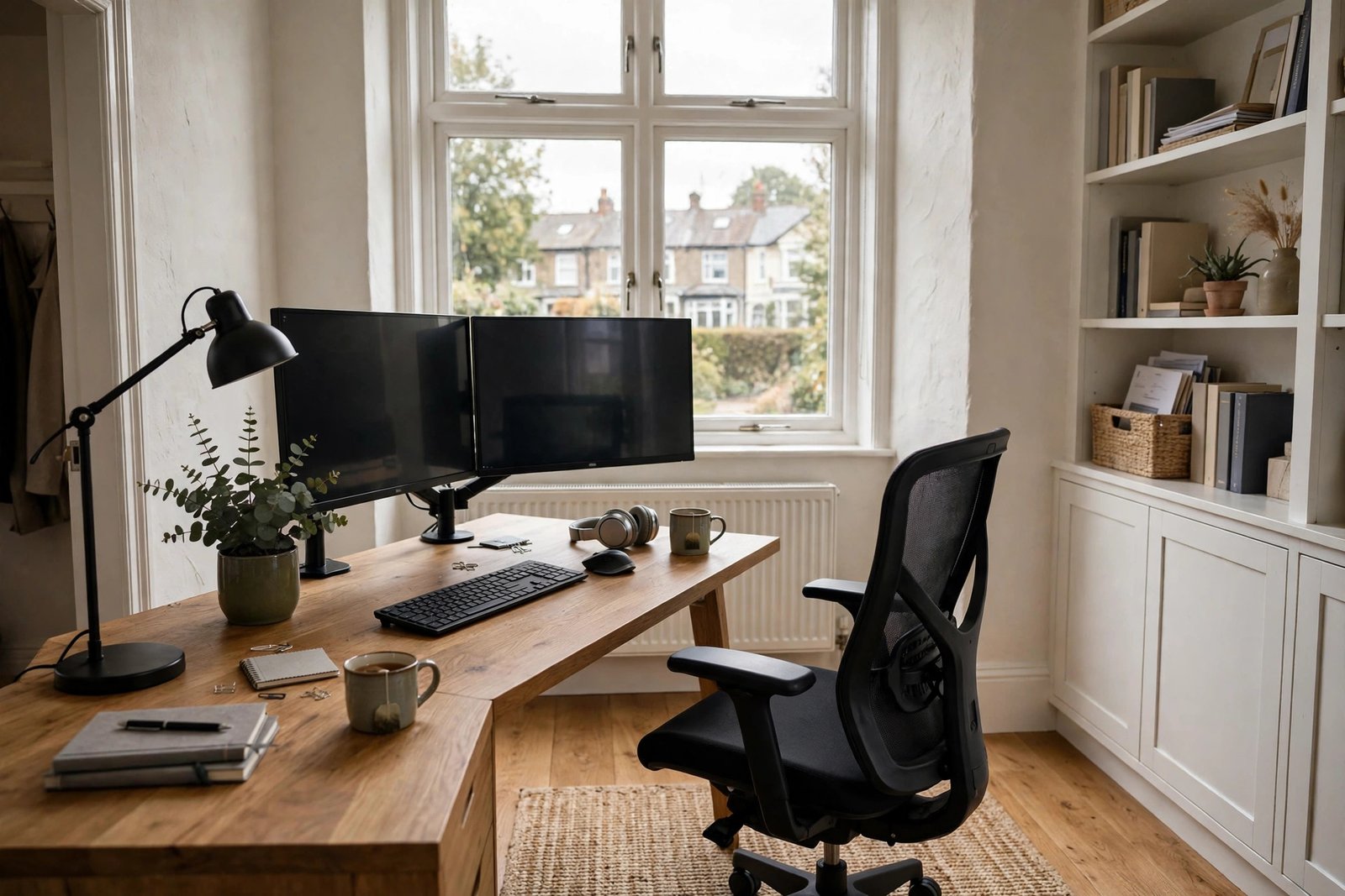 Modern home office with dual monitors and ergonomic chair