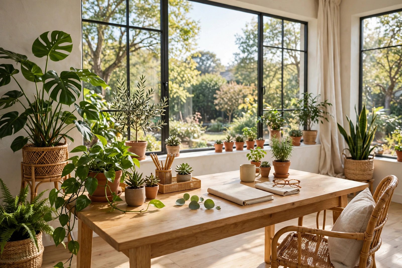 Bright home office with plants and natural light