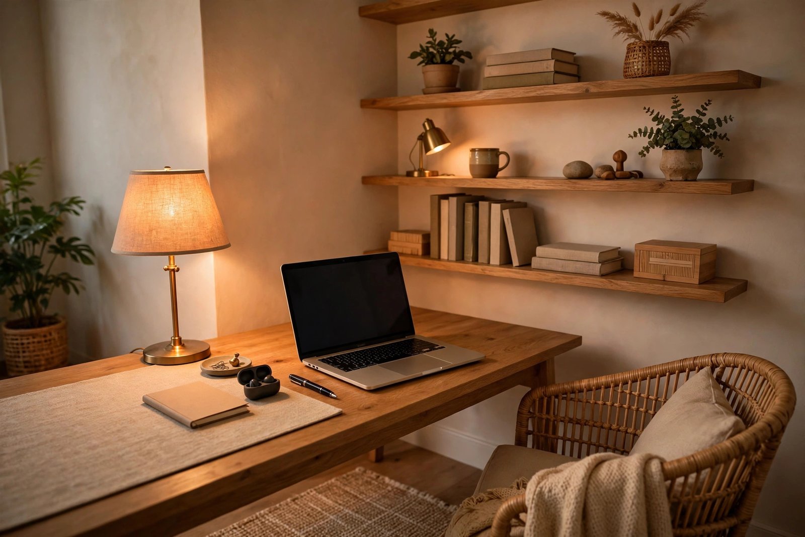 Stylish home office corner with shelves and laptop