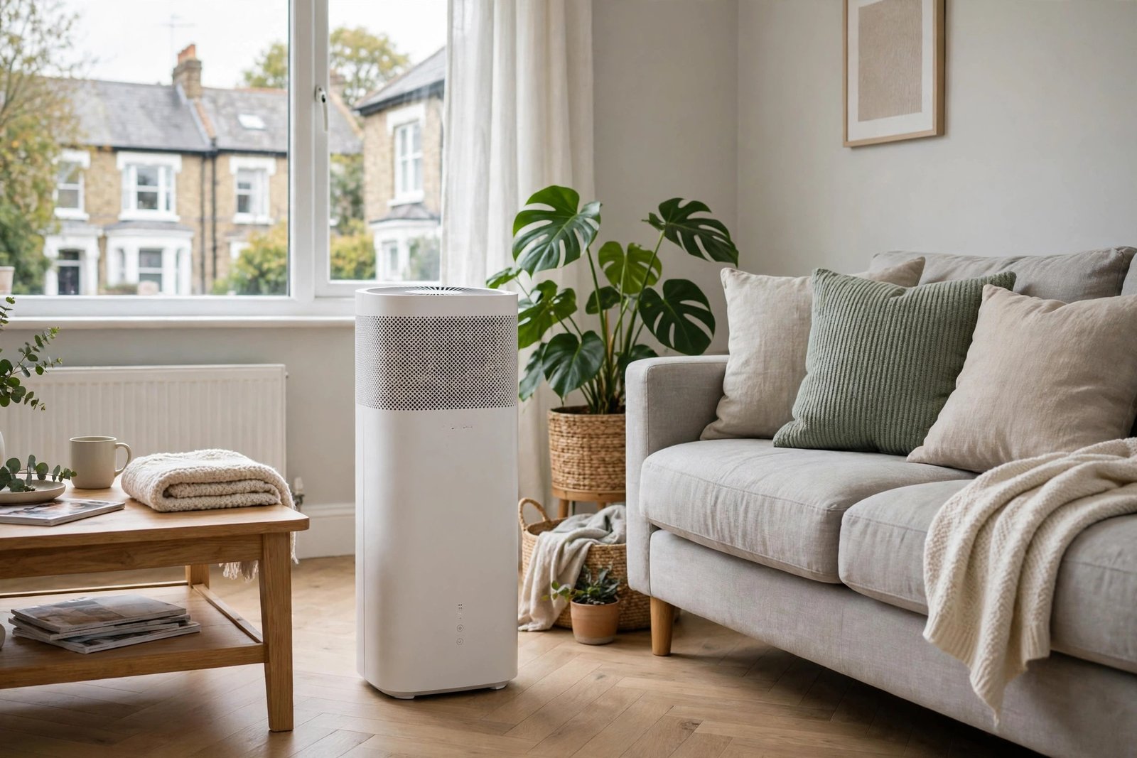 Modern air purifier standing in a bright UK living room beside a sofa and a houseplant