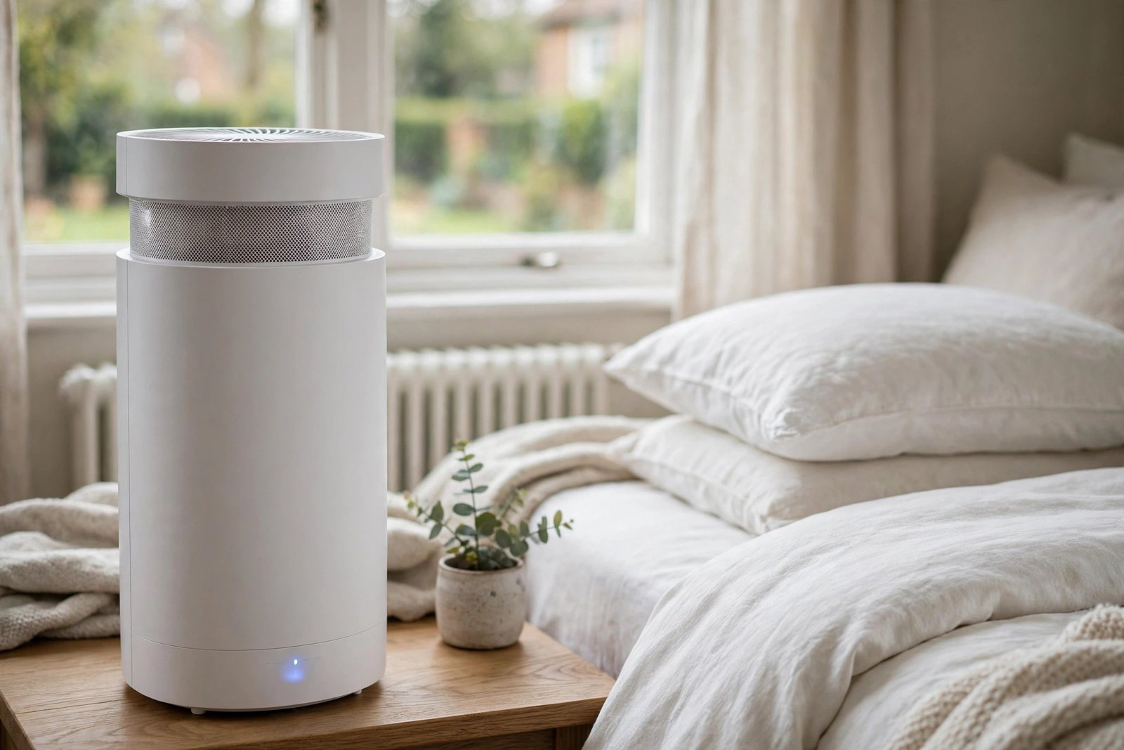 Air purifier running quietly in a UK bedroom with soft daylight