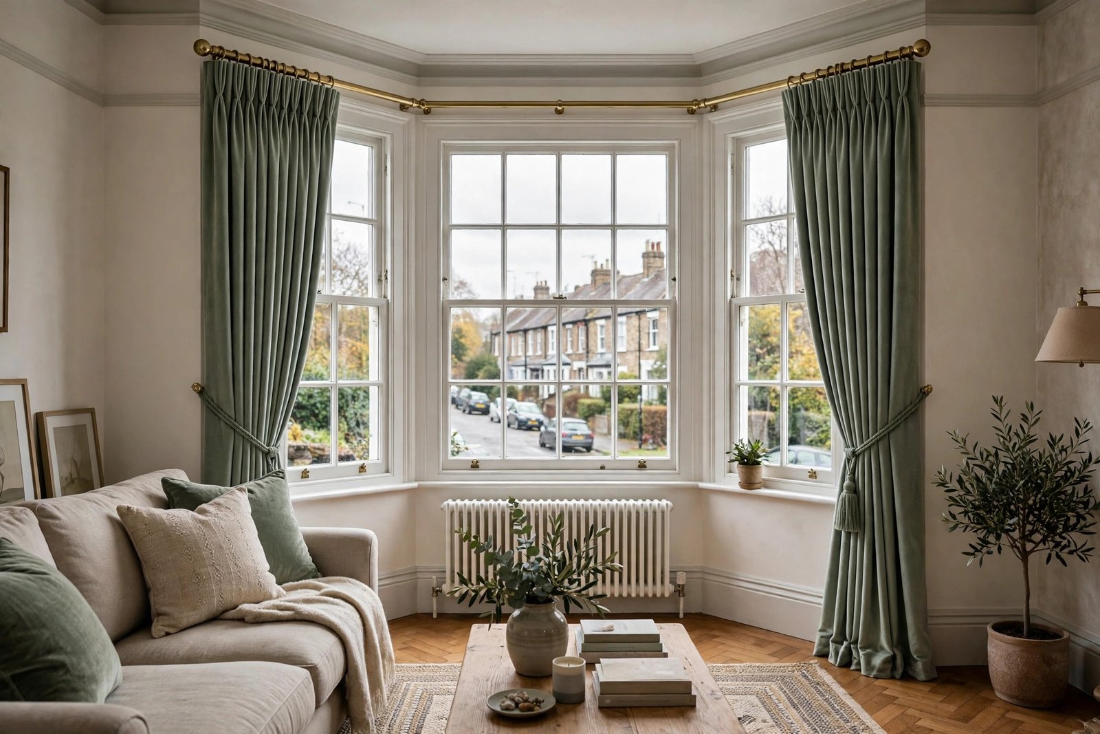 Elegant made-to-measure floor-length curtains in a UK living room bay window