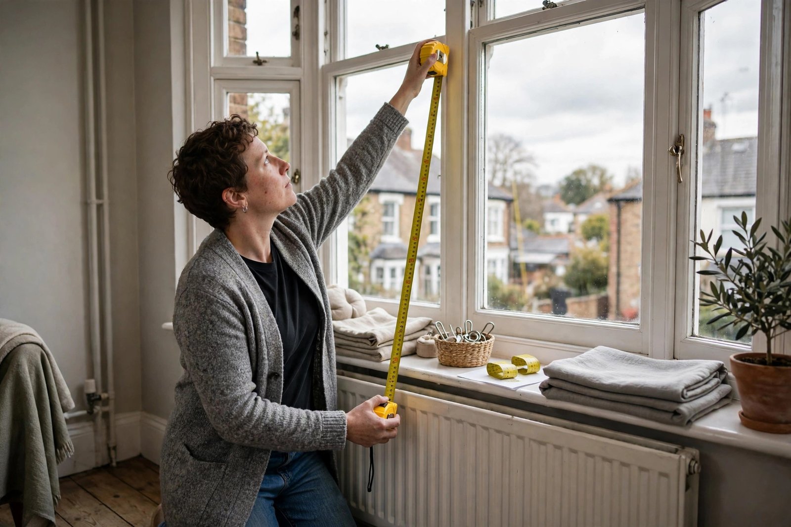 Measuring a window with a tape measure for new made-to-measure curtains