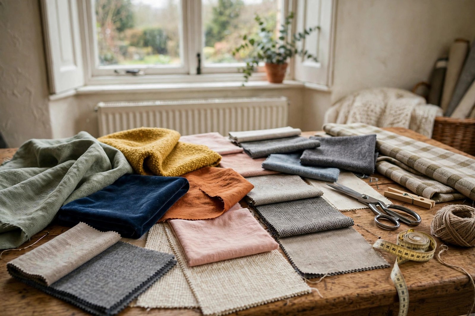 Curtain fabric swatches and samples spread on a table