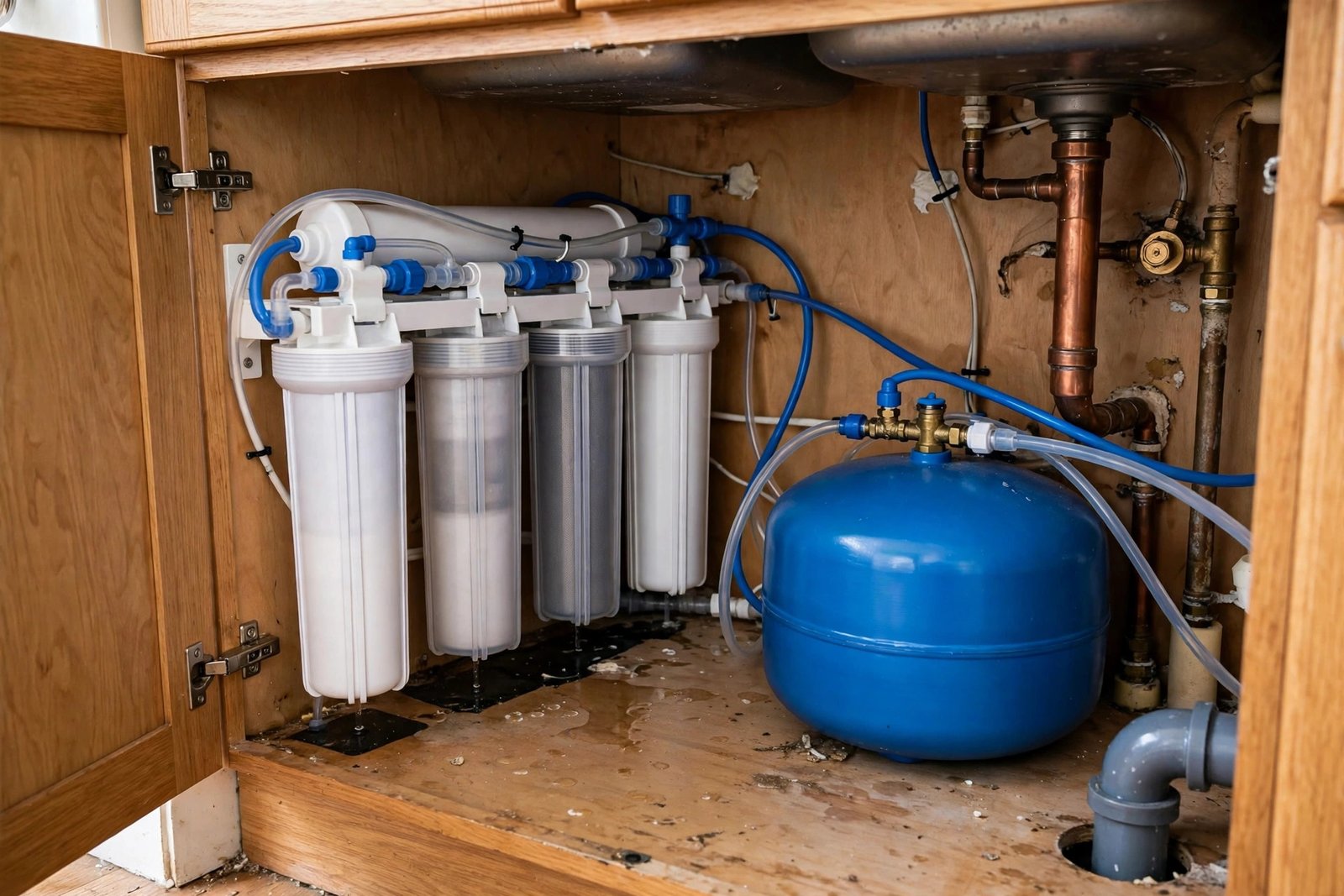 Under-sink reverse osmosis water filtration unit with tanks and tubes in a UK kitchen cupboard