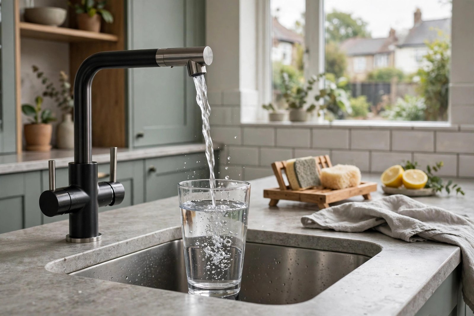 Glass of clean filtered water being poured at a modern kitchen tap