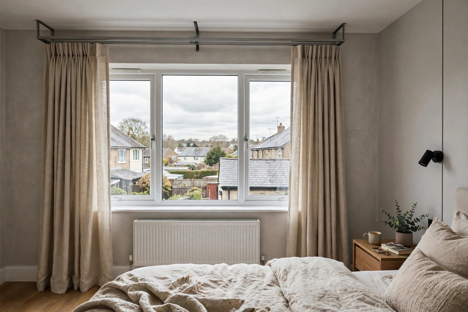 Curtains hanging from a modern metal curtain track rail in a UK bedroom