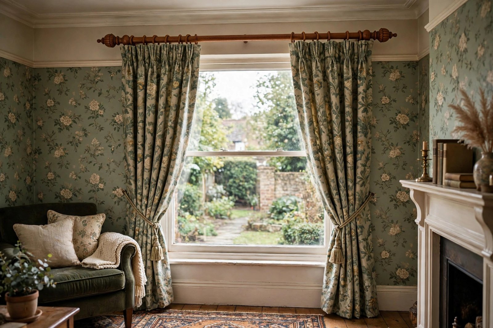 Curtains on a wooden curtain pole with decorative finials in a traditional UK living room