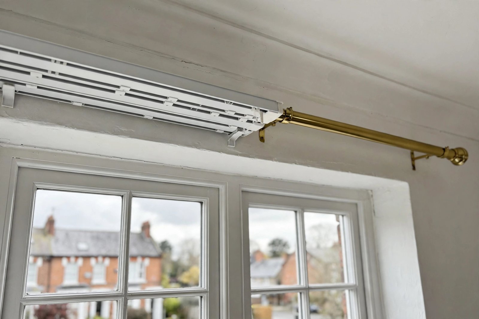 Close-up of curtain track rail and curtain rod hardware above a window
