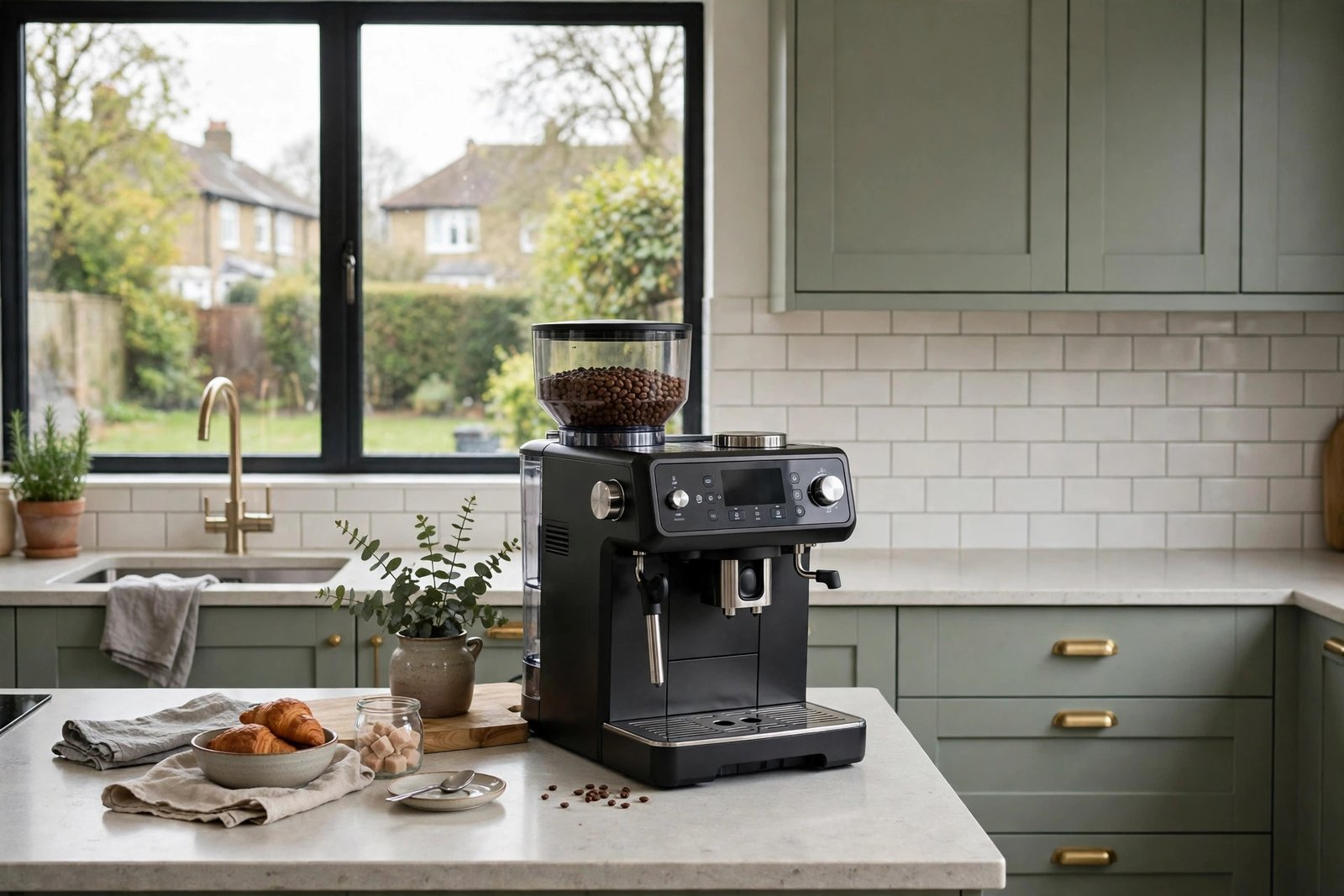 Bean-to-cup coffee machine on a kitchen worktop