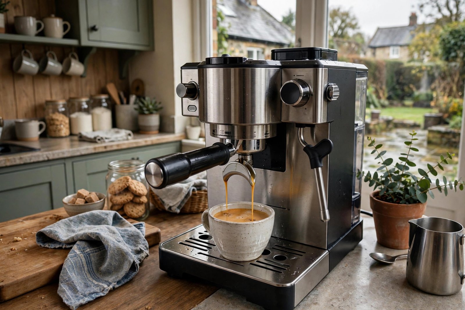 Fresh espresso pouring from a home coffee machine into a cup