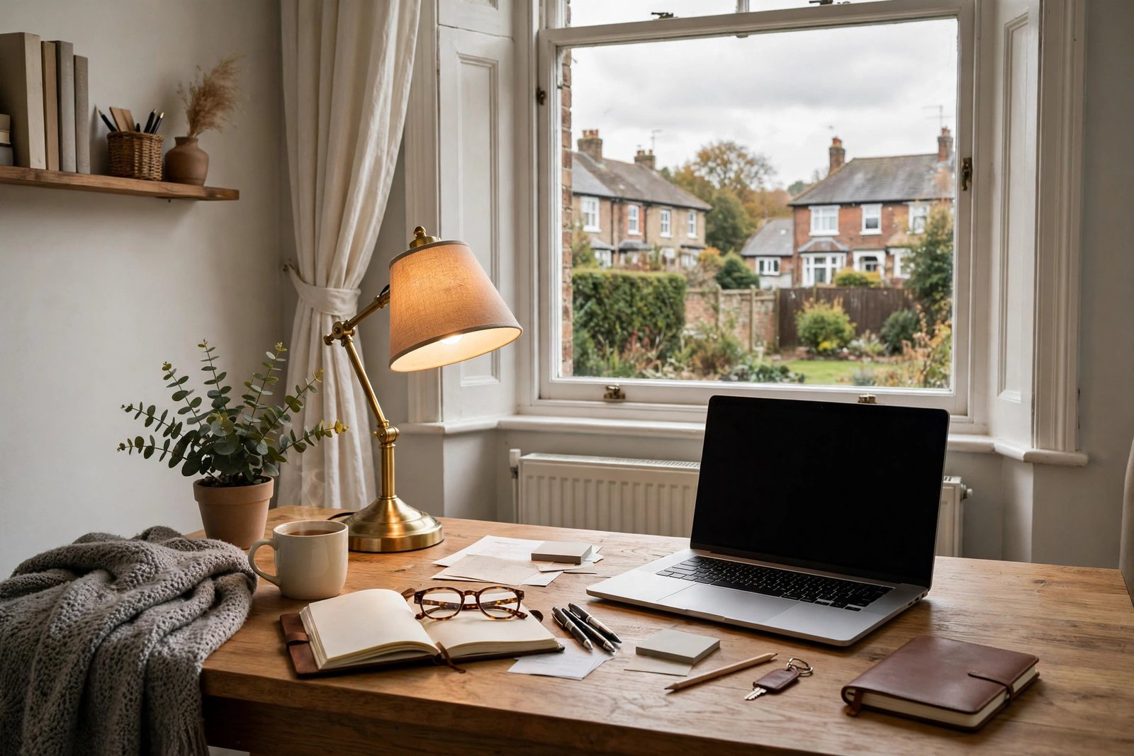 Wooden desk setup with laptop and lamp in a home office