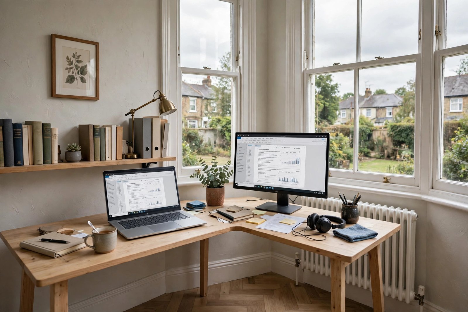 Corner desk with laptop and monitor in a bright study room