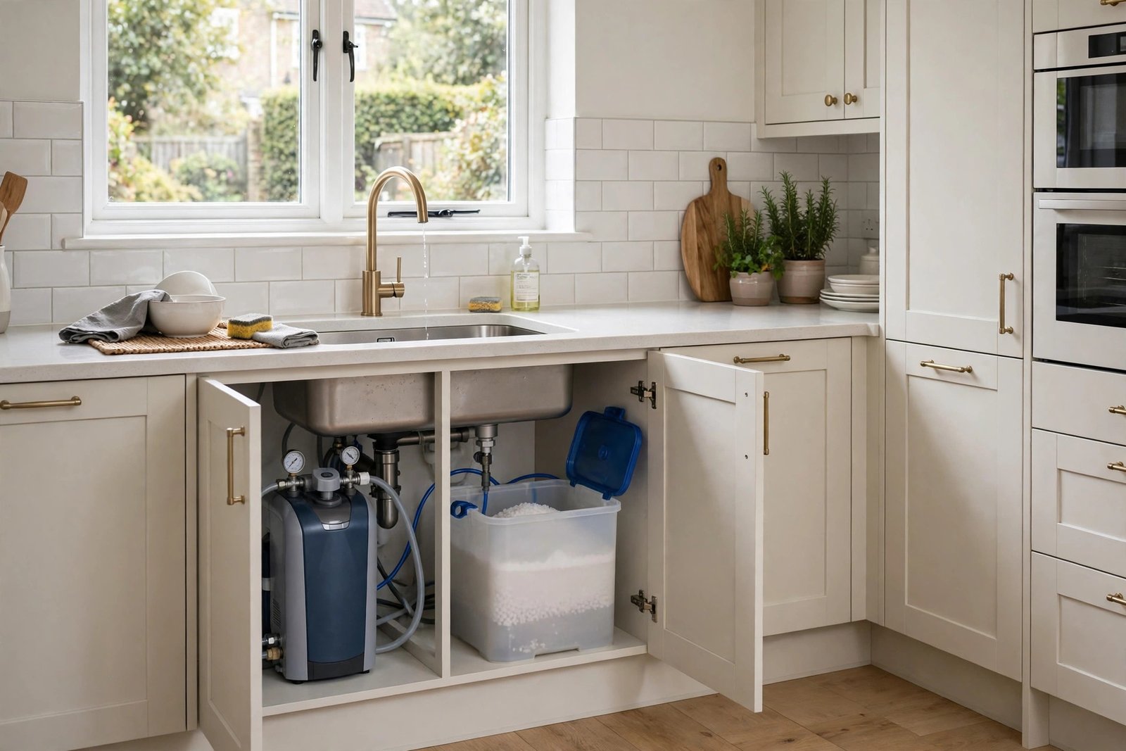 Water softener unit installed under a kitchen sink in a UK home